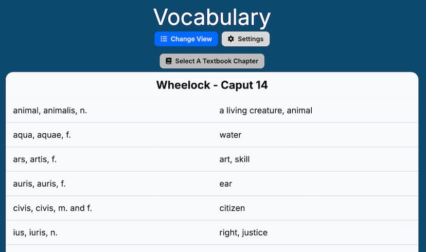 Display Latin textbook vocab on the screen instantly