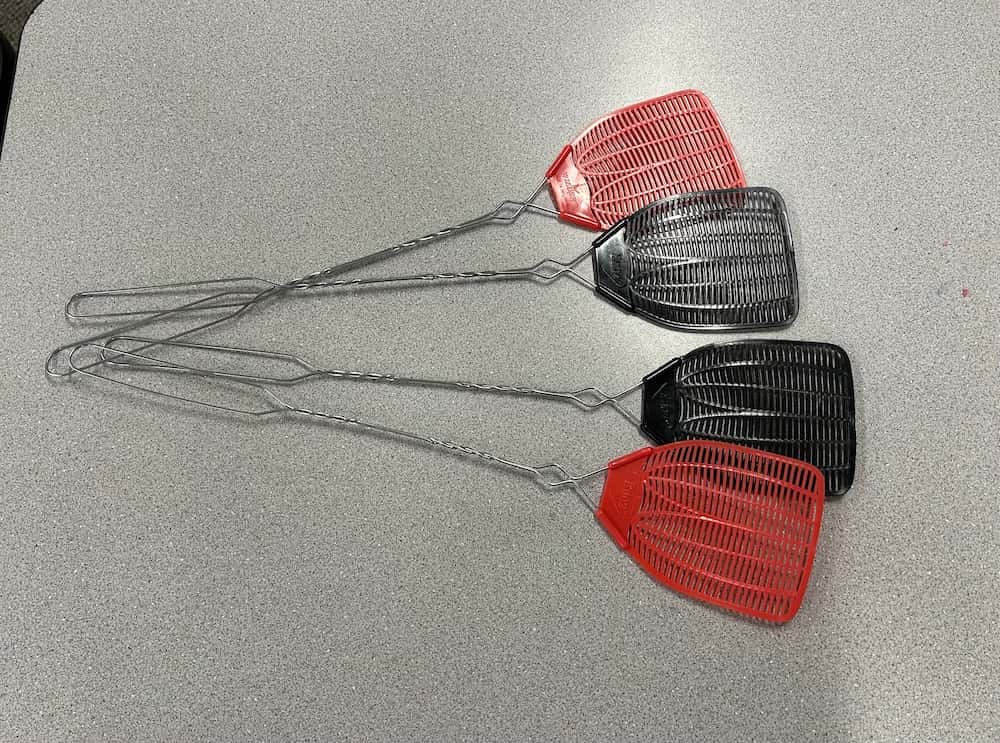 Flyswatters on a classroom desk