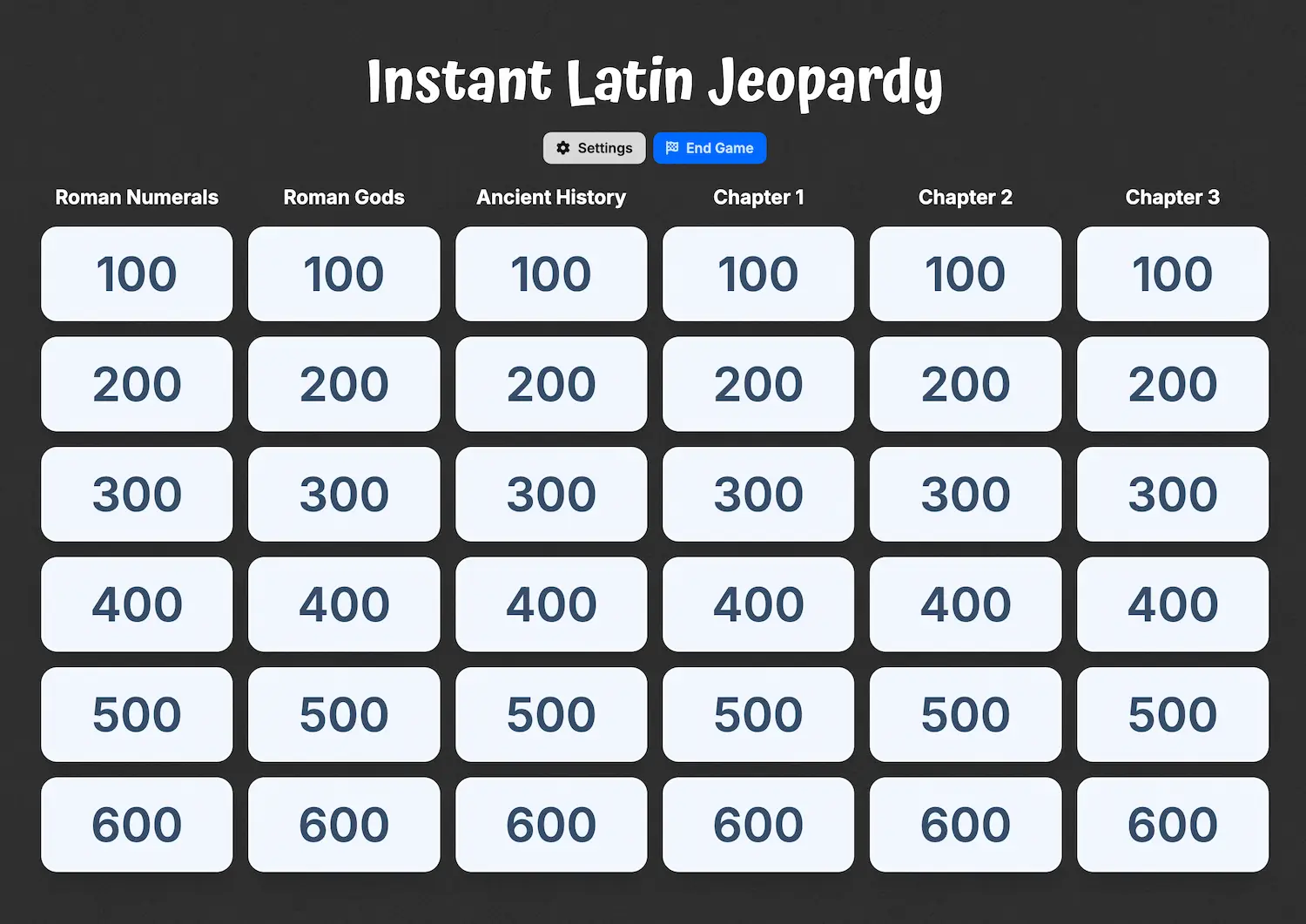 Screenshot from Arcade Schoolhouse's Instant Latin Jeopardy
