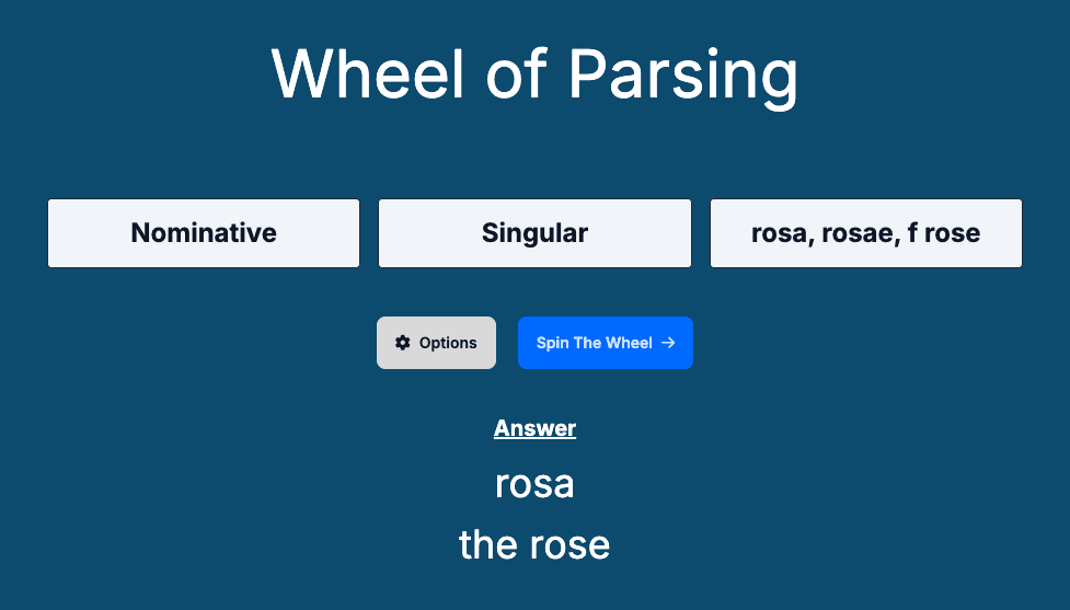 Screenshot of Wheel of Parsing Latin game